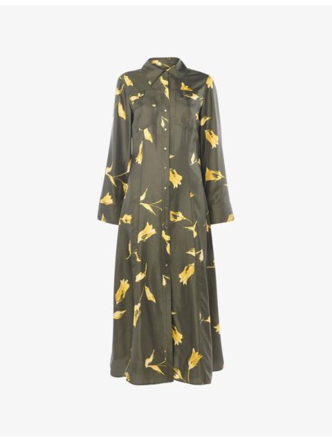 WHISTLES Floral-Print Long-Sleeve Silk Midi Dress