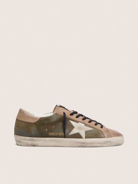 Golden Goose Men’s Super-Star LTD in olive-green suede with cream embroidered star