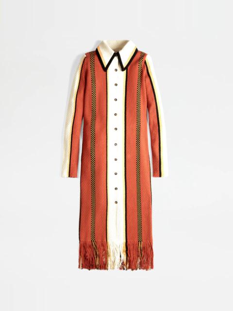 Tod's MAXI CARDIGAN IN COTTON WITH FRINGES - OFF WHITE, ORANGE, YELLOW