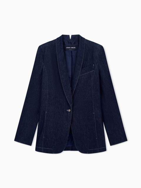 GIORGIO ARMANI SLIM BLAZER WITH SHAWL LAPELS IN COTTON AND WOOL DENIM