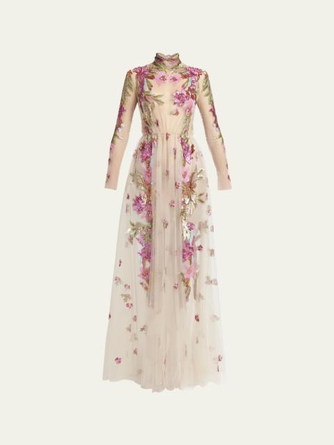 Valentino Embroidered Tulle Illusion Gown with Floral Details