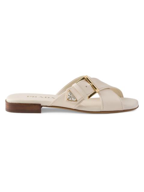 Prada Women's Leather Crisscross Slides with Buckle - Beige Khaki