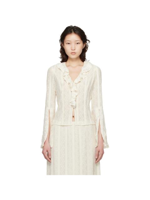ANNA SUI Off-White Floral Ruffle Stretch Lace Blouse