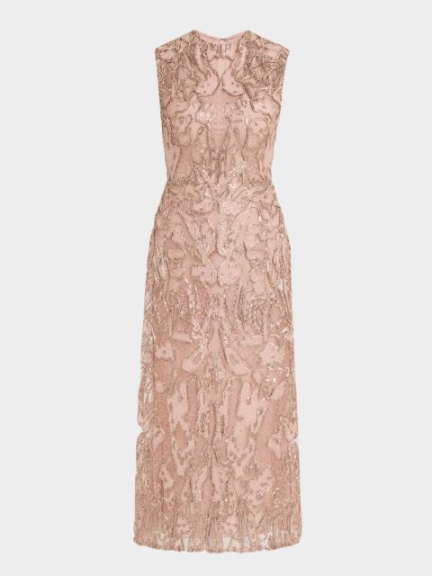 REEM ACRA Sequined Metallic Lace Sleeveless Midi Dress