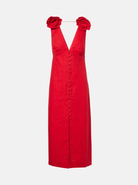 FARM RIO Floral-appliqué linen midi dress