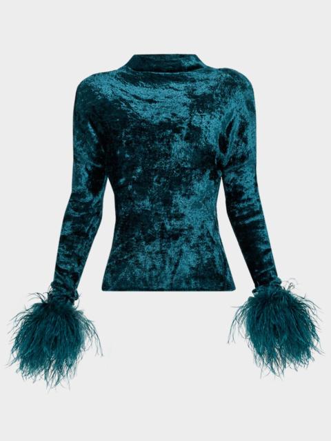 LAPOINTE Velvet Dolman-Sleeve Feather-Cuff Top