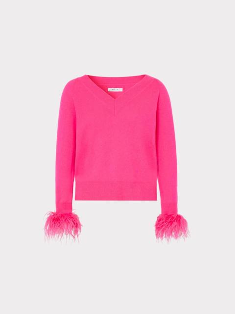 MILLY Feather Cuff V-neck Sweater