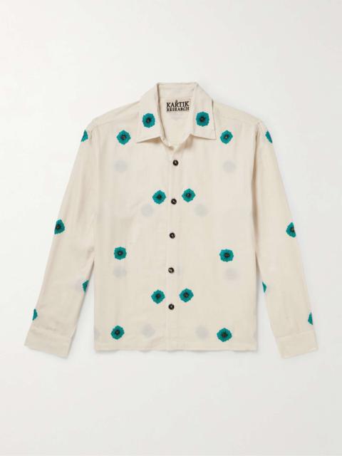 Camp-Collar Embellished Embroidered Cotton-Jacquard Shirt