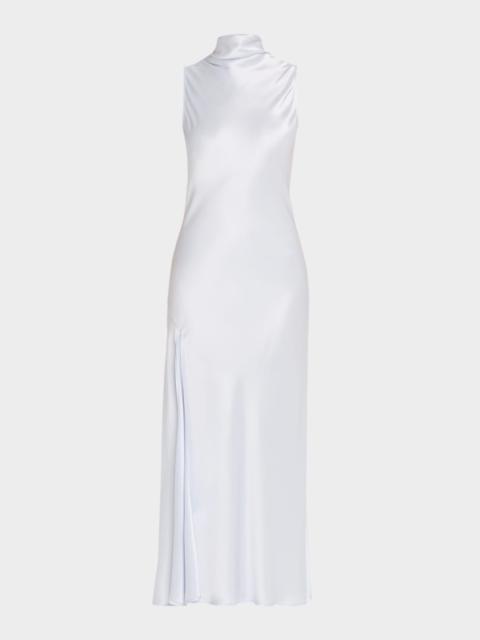LAPOINTE Sleeveless Draped-Neck Satin Slit Midi Dress