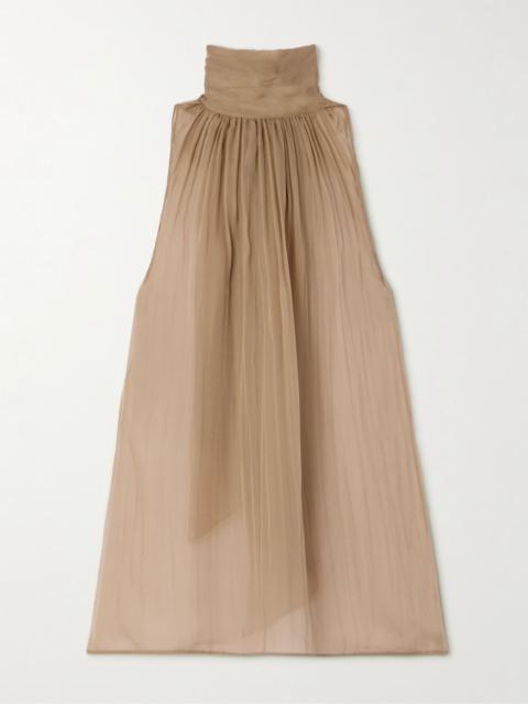 SAINT LAURENT Gathered tie-detailed silk-chiffon blouse Beige