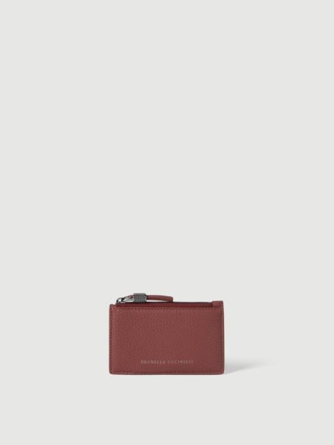 Brunello Cucinelli Grained calfskin card case with shiny zipper pull