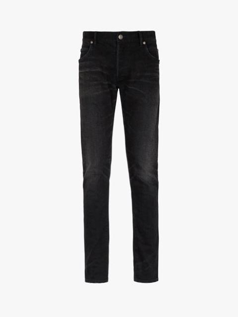 Balmain Slim cut faded black cotton jeans with embossed Balmain logo