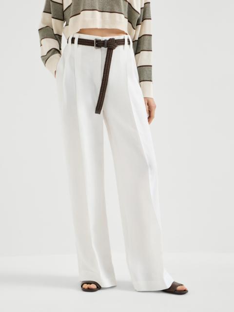 Brunello Cucinelli Viscose and linen fluid twill wide trousers with monili