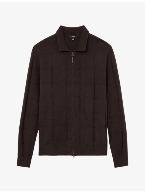REISS Martindale Check-Textured Zip-Through Wool Cardigan