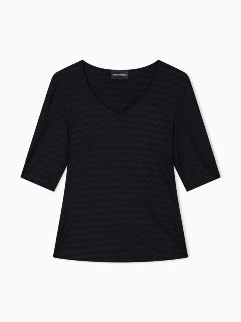 EMPORIO ARMANI Two-way stretch jacquard jersey V-neck jumper with three-quarter length sleeves