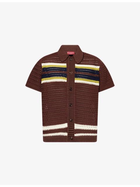 GUCCI Stripe-Pattern Short-Sleeve Knitted Cotton Polo Shirt