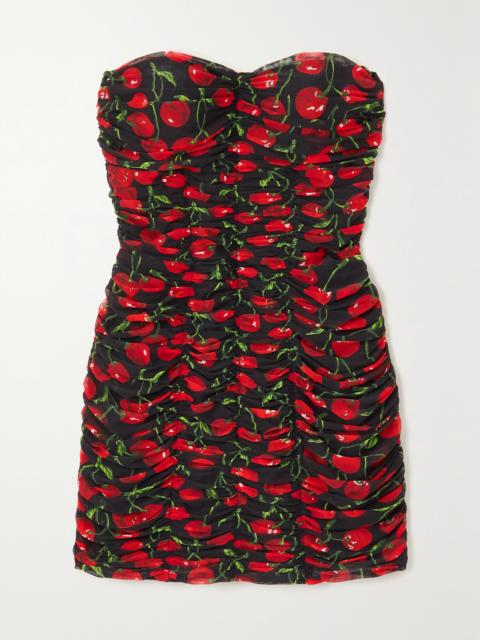 Dolce & Gabbana Strapless Ruched Printed Stretch-tulle Mini Dress