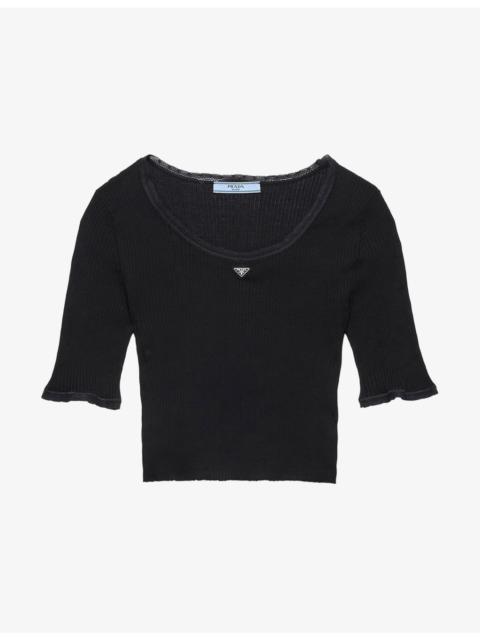 Prada Triangle-Logo Cropped Ribbed Cotton T-Shirt
