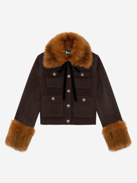 The Kooples BROWN SHORT WOOL JACKET WITH SHERPA COLLAR