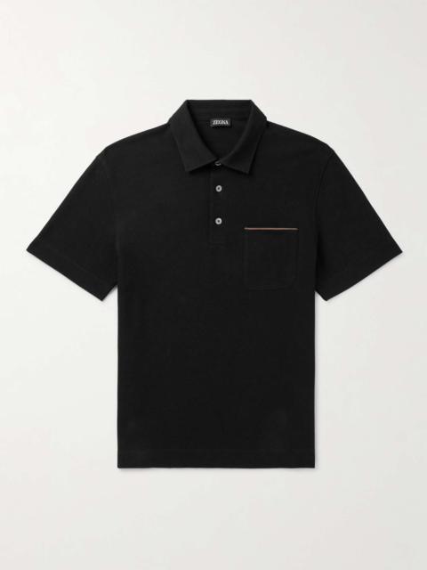 ZEGNA Leather-Trimmed Cotton-Piqué Polo Shirt