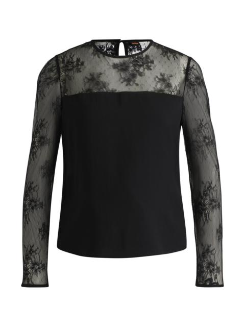 BOSS REGULAR-FIT COLLARLESS BLOUSE WITH LACE TRIM