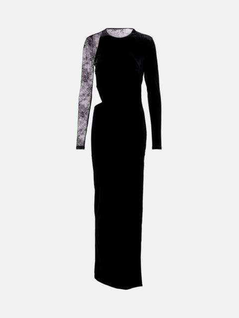 Cutout lace-trimmed velvet maxi dress