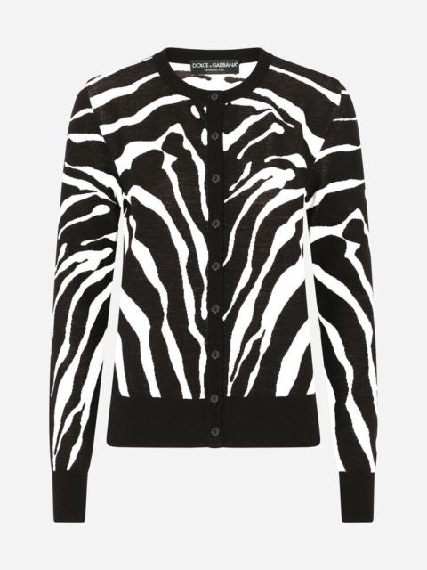 Zebra-design jacquard cardigan in wool and silk