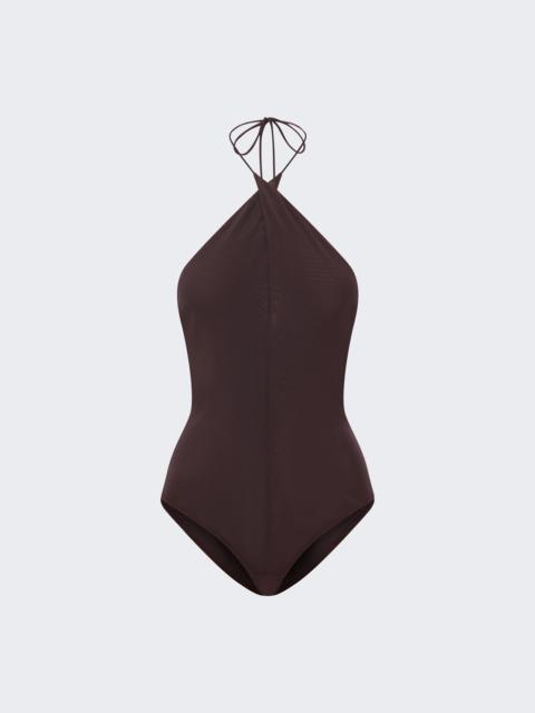 ALEX PERRY Cross Tie Halter Bodysuit In Stretch Mesh Smoke