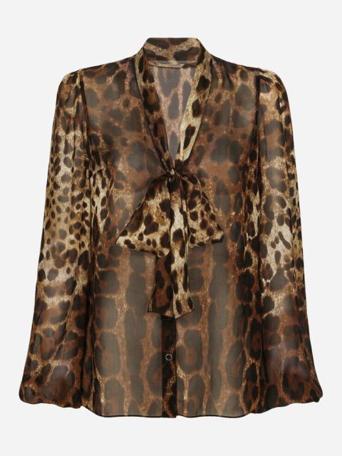 Leopard-print chiffon pussy-bow shirt