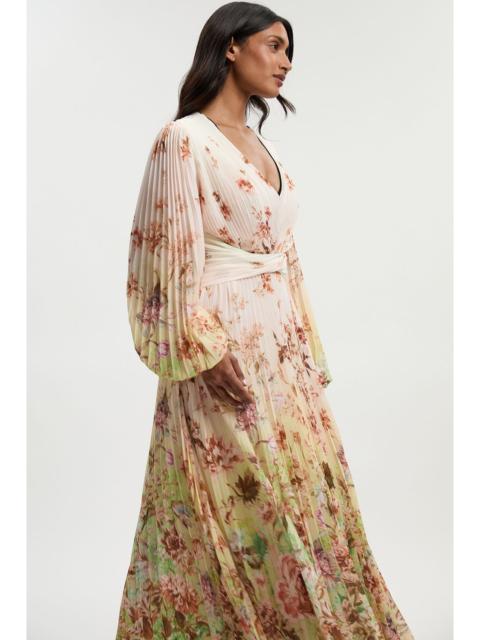 KAREN MILLEN Petite Scattered Floral Balloon Sleeve Pleated Crinkle Cut Out Woven Maxi Dress