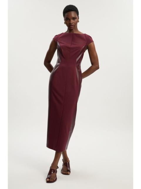 KAREN MILLEN Ponte And Pu Mix Short Sleeve Tailored Pencil Midi Dress