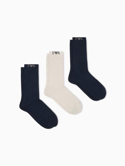 EMPORIO ARMANI THREE-PACK OF SHORT COTTON SOCKS WITH A MONOGRAM LOGO BAND