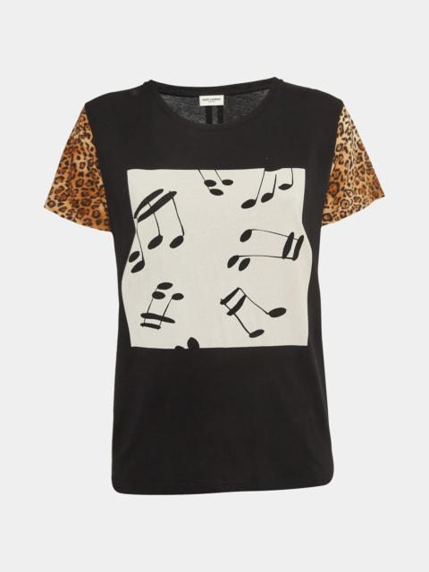 SAINT LAURENT Saint Laurent Black Graphic T-Shirt with Leopard Sleeves