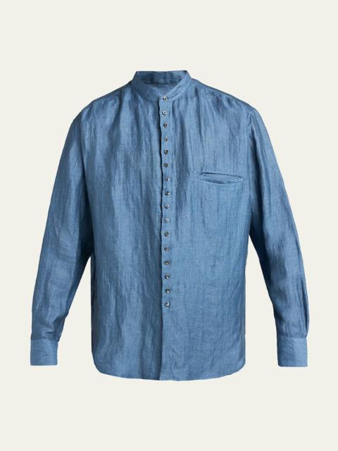 GIORGIO ARMANI Men's Linen and Nylon Band Collar Button-Down Shirt