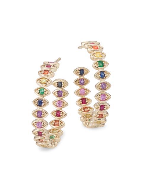 SYDNEY EVAN Women's 14K Yellow Gold & Rainbow Stone Medium Evil Eye Hoops