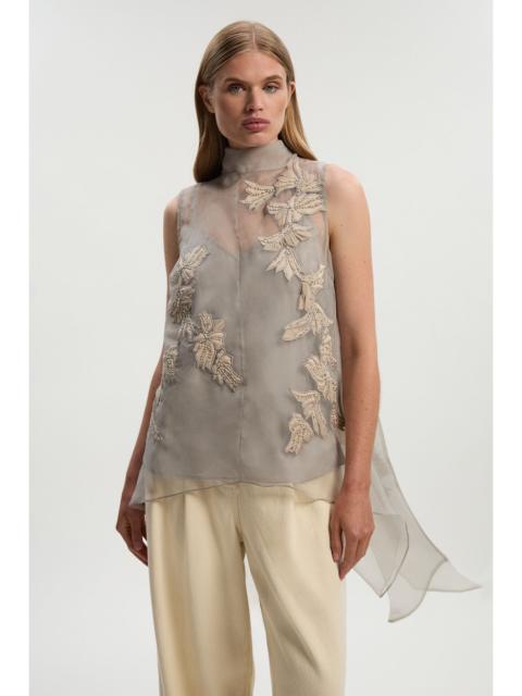 KAREN MILLEN Quilted Applique Organdie Woven Drape Back Blouse