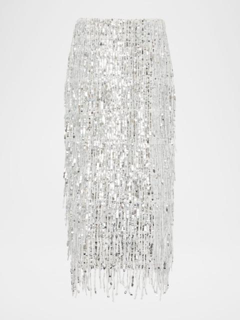 MILLY Roxanne Fringe Sequin Midi Skirt