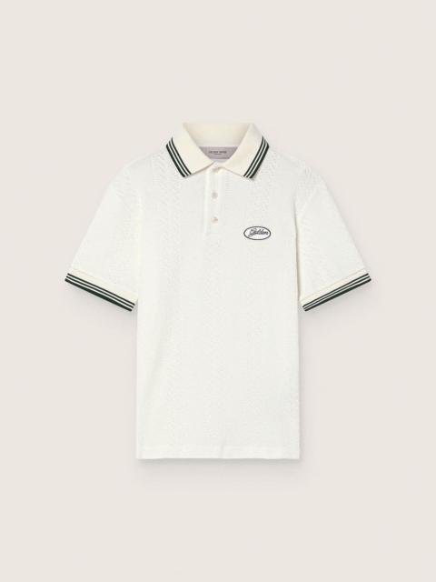 Golden Goose Men's white cotton polo shirt with openwork jacquard pattern