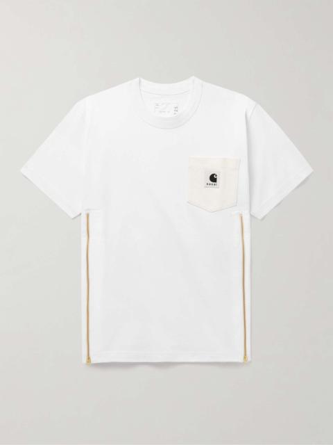 sacai + Carhartt WIP Zip-Detailed Logo-Appliquéd Canvas-Trimmed Cotton-Jersey T-Shirt