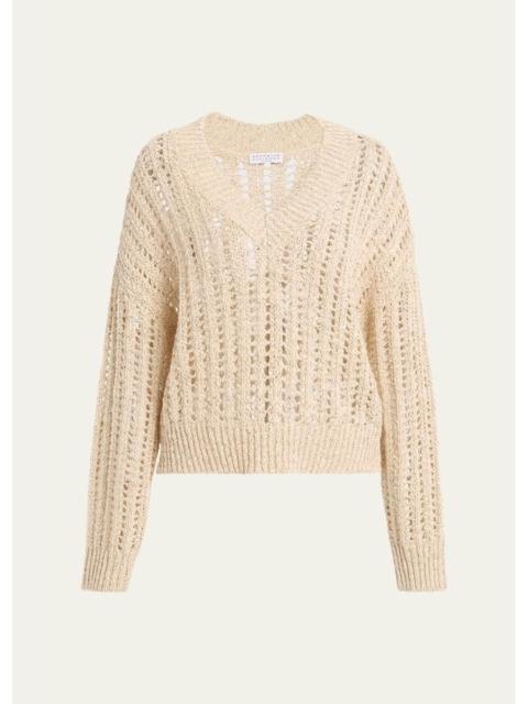 Brunello Cucinelli V-Neck Paillette Open-Weave Knit Sweater