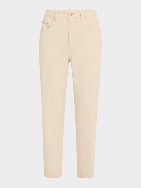 Brunello Cucinelli Garment Dyed Twill Tapered-Leg Jeans With Monili Trim