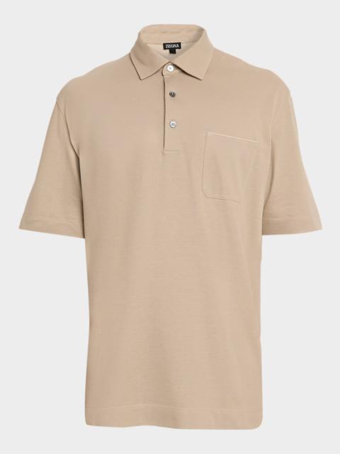 ZEGNA Men's Leather-Trim Pocket Pique Polo Shirt