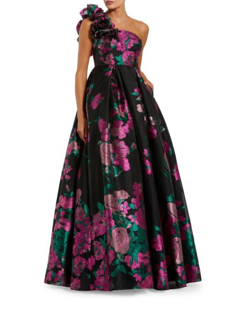 MAC DUGGAL Women's Evening Floral One-Shoulder Brocade Ball Gown - Black Multi