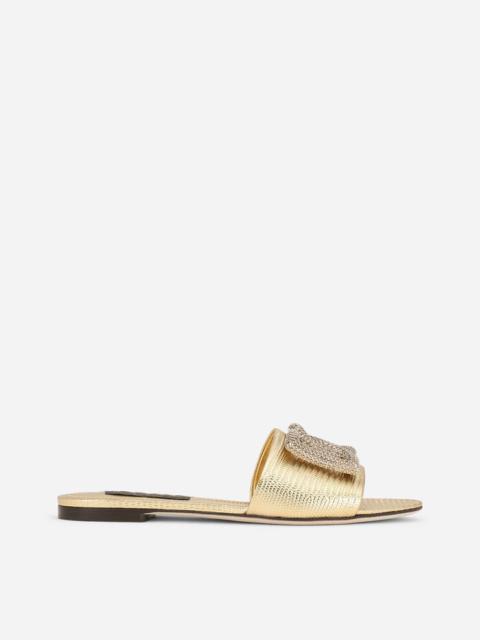 Dolce & Gabbana Foiled iguana-print calfskin sliders with rhinestone-detailed DG logo