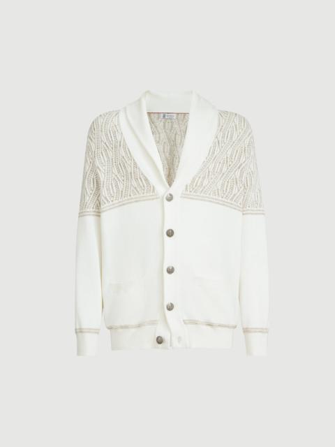 Brunello Cucinelli Cotton shawl collar cardigan with jacquard cable shoulder