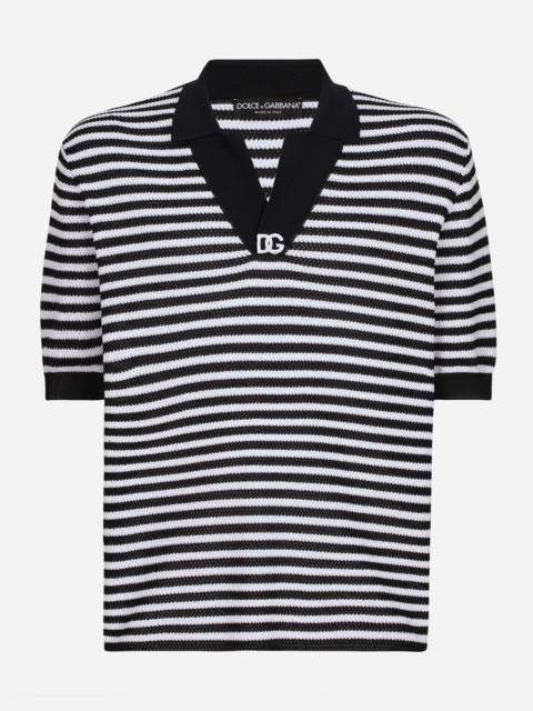 Striped cotton V-neck polo-shirt with DG logo