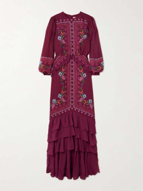 SALONI Isa Long-c Ruffled Floral-print Silk Crepe De Chine Gown