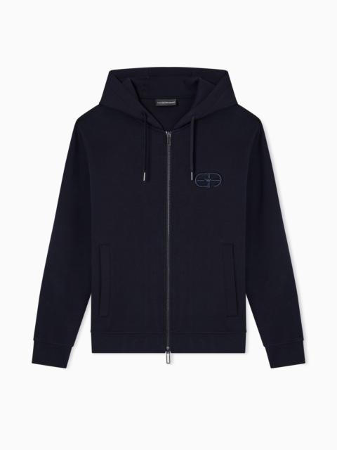 EMPORIO ARMANI Double-jersey zip-up hooded sweatshirt with embossed, embroidered EA logo