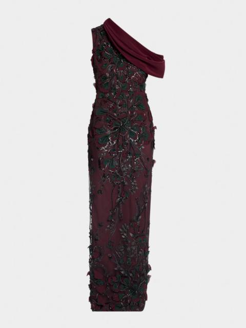 BADGLEY MISCHKA Embroidered One-Shoulder Column Gown