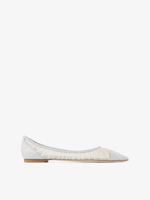 JIMMY CHOO Love Flat
Metallic Silver Glitter Fabric Flats with Ivory Tulle Overlay